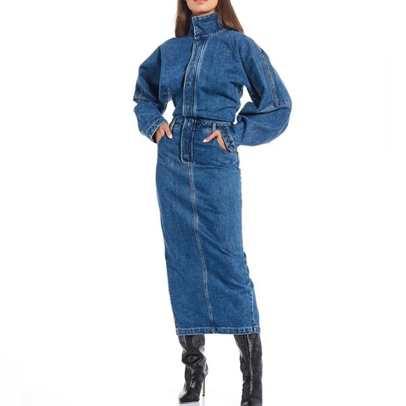 NWT Ronny Kobo Sebastian Denim Point Collar Neck Long Dolman Sleeve Midi Dress - Picture 8 of 10